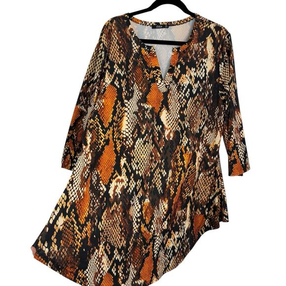 Lily Firmiana Plus 3X Tunic Brown Snake Print Split Neck 3/4 Sleeves Artsy - Picture 1 of 9